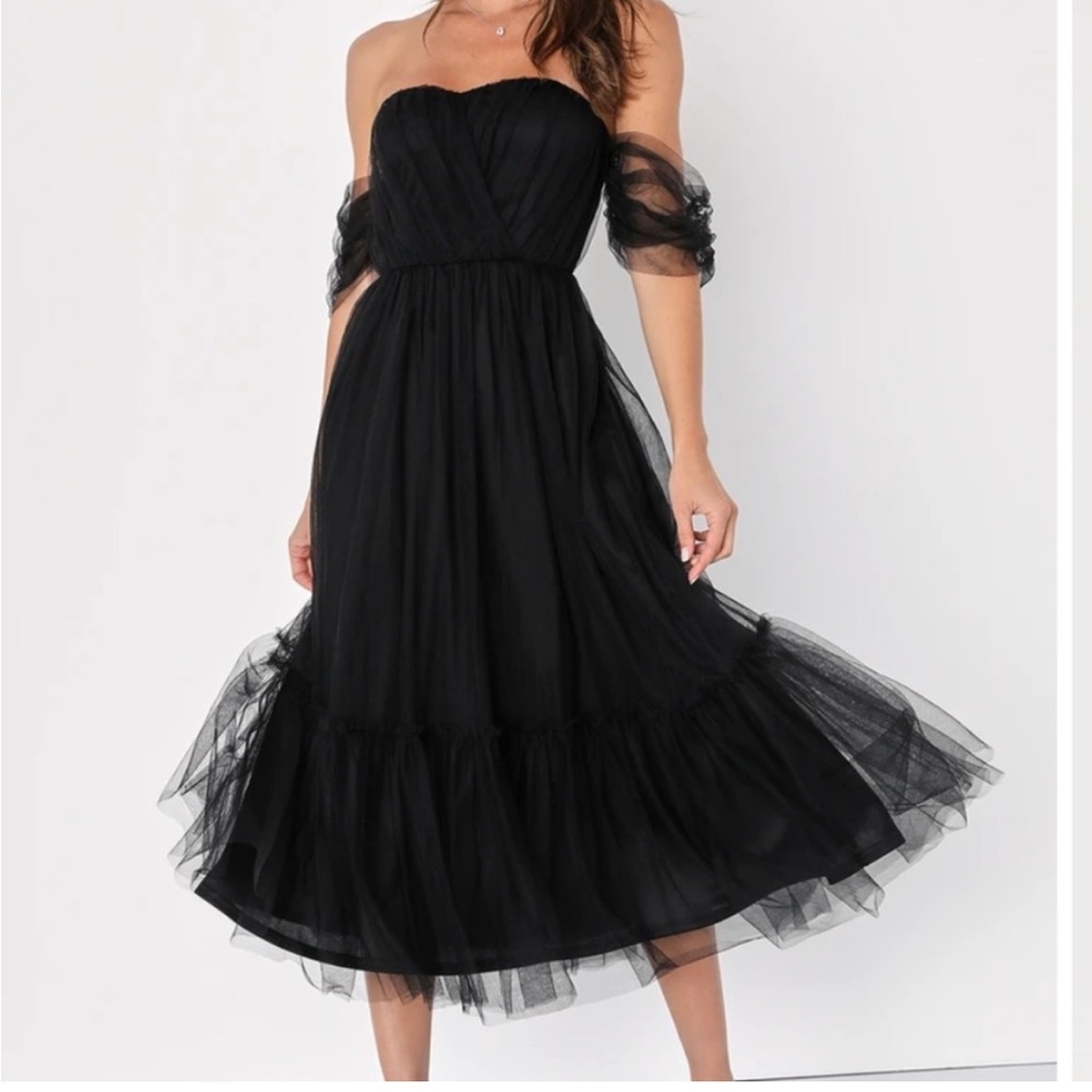 Lulus Divine Dreamer Black Tulle Off-the-Shoulder Tiered Midi Dress